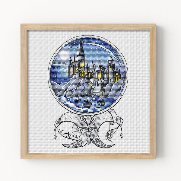 Cross Stitch Pattern, Wizards Castle, Snow Globe Cross Stitch Patterns, Horizontal Colorful Art, DIY X-stitch Chart, Kids Room Decor