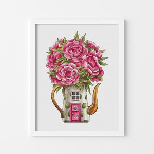 Rose tea cabin House cross stitch pattern Hand embroidery design Mother day cross stitch gift Floral cross stitch design Digital pdf file