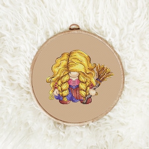 Gnome Cross Stitch Pattern – Witch Sister, Blonde Hair & Broom, Halloween PDF, Cute Spooky Gnome, Modern Counted Chart, Instant Download