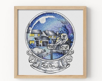 Cross Stitch Pattern  – Wizard Suburb Snow Globe, Owl Post Night Scene, Fantasy Street Sign, Bookish Winter Decor, Miyastitch
