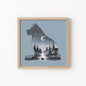 Dog Silhouette Cross Stitch Pattern, Landscape Cross Stitch, Black Dog Cross Stitch, Moon Cross Stitch, Forest Cross Stitch, Digital PDF