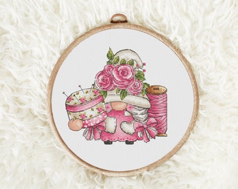 Cross Stitch Pattern PDF – Sewing Gnome with Roses, Pincushion & Thread Spool, Craft Room Decor – Instant Download