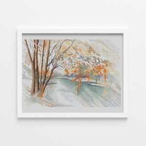 Watercolor autumn forest Landscape cross stitch pattern Home wall cross stitch decor Hand embroidery design Digital pdf file