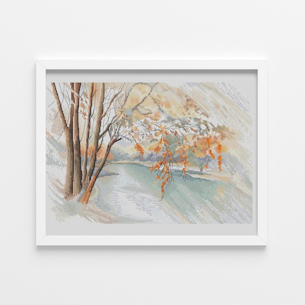 Watercolor autumn forest Landscape cross stitch pattern Home wall cross stitch decor Hand embroidery design Digital pdf file