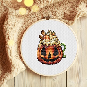 Pumpkin Coffee Cup Halloween Cross Stitch Pattern Spooky Cross Stitch ...