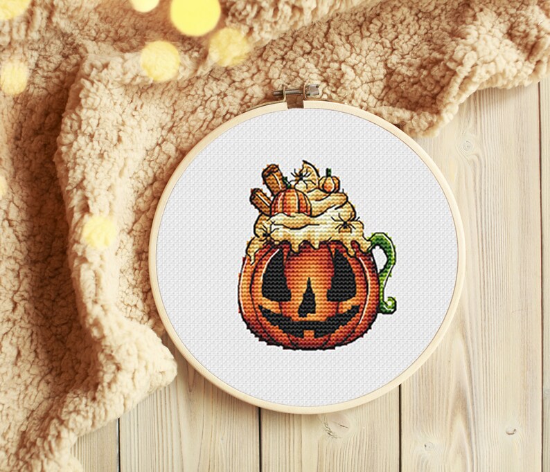 Pumpkin Coffee Cup Halloween Cross Stitch Pattern Spooky Cross Stitch ...