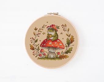 Cozy Frog - Cross Stitch Pattern, Fall Cross Stitch, Wreath Cross Stitch, Amanita Cross Stitch, Mushroom Xstitch, Fall Decor, Miyastitch