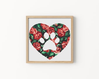 Paw Silhouette - Cross Stitch Pattern, Heart Cross Stitch, Flowers Cross Stitch, Dog Lover Xstitch Gift, Beginner Friendly Xstitch Design