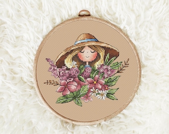 Flower Girl Cross Stitch Pattern PDF – Summer Straw-Hat Girl with Wildflower Bouquet | Cottagecore Embroidery Design | Instant Download