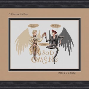 May include: Cross-stitch pattern featuring an angel and a demon, both with wings, raising a glass to each other. The text "Good Omens" is below them, and the text "Miza x Stitch" is in the bottom right corner.