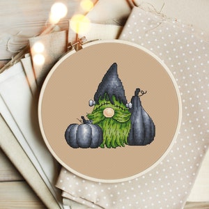 Frankenstein gnome witch black pumpkins Halloween cross stitch pattern Hand embroidery design Green hair cross stitch Spooky cross stitch