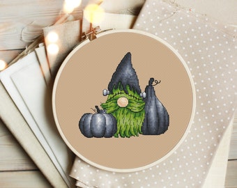 Frankenstein gnome witch black pumpkins Halloween cross stitch pattern Hand embroidery design Green hair cross stitch Spooky cross stitch
