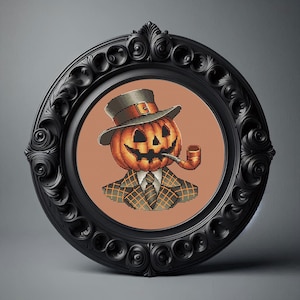 Pumpkinhead Man Cross Stitch Pattern, Vintage Portrait Cross Stitch Design, Hand-drawing Cross Stitch, Halloween Cross Stitch, Digital PDF