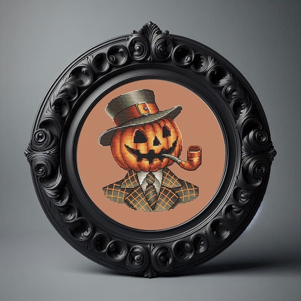 Pumpkinhead Man Cross Stitch Pattern, Vintage Portrait Cross Stitch Design, Hand-drawing Cross Stitch, Halloween Cross Stitch, Digital PDF