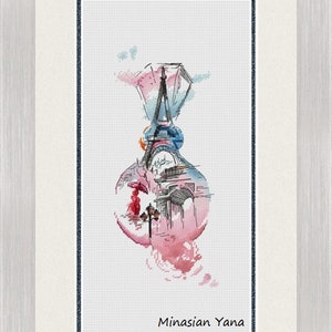 Puede incluir: Una pintura de acuarela de la Torre Eiffel en París, Francia. La torre se representa como un anillo con un fondo de acuarela rosa y azul. La firma del artista, "Minasian Yana", está en la parte inferior de la pintura.
