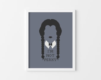 Puede incluir: Una ilustración de arte de píxeles en blanco y negro de una niña con trenzas y el texto "I'M NOT PERKY".