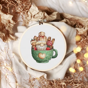 Gnome in cup Christmas cross stitch pattern Hand embroidery design Christmas gnome cross stitch Modern cross stitch Counted cross stitch