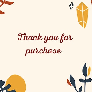 Peut inclure: Une carte de remerciement couleur cr&egrave;me avec le texte MIYA STITCH CROSS STITCH PATTERNS STUDIO et Thank you for purchase en rouge fonc&eacute;. Le design pr&eacute;sente des illustrations stylis&eacute;es de feuilles orange, de cristaux jaunes et de feuillage bleu.
