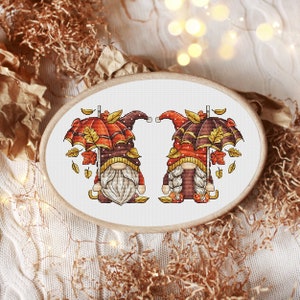 Gnome family with umbrellas Autumn gnomes cross stitch pattern Fall cross stitch Counted cross stitch Hand embroidery design Digital pdf