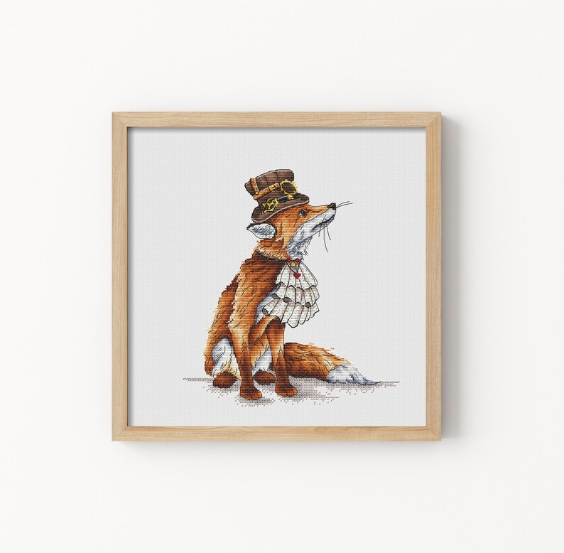 May include: A red fox wearing a brown top hat with gears and a white ruffled collar. The fox is sitting on a white background.