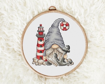 Gnome Sailor Cross Stitch, Gnome Cross Stitch Pattern, Lighthouse Cross Stitch, Anchor Cross Stitch, Funny Cross Stitch, Digital PDF File