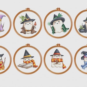 Halloween Ghost Cross Stitch Pattern – Cute Wizard Ghosts, PDF Embroidery Chart, Kawaii Halloween Decor, Digital Download