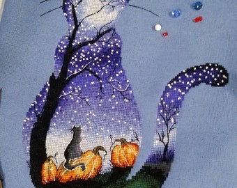 Black cat on pumpkin Halloween cross stitch pattern Hand embroidery design Cat cross stitch Halloween cross stitch decor