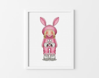 Bunny Costume - Cross Stitch Pattern, Tilda Doll Xstitch, Girl Room Xstitch Decor, Miyastitch