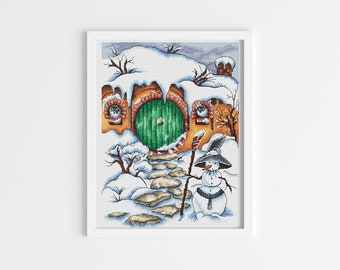 Winter halflings door cross stitch pattern Halflings house cross stitch Green door cross stitch chart Fairy cross stitch Christmas Xstitch