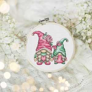 Mother and daughter Gnomes family cross stitch pattern Hand embroidery design Mothers day cross stitch pattern Gnome female cross stitch