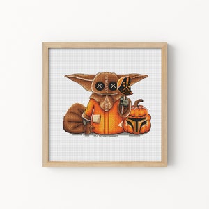 Cross Stitch Pattern PDF – Cute Alien Kid in Pumpkin Orange, Space Helmet Jack-O’-Lantern – Halloween Decor, Instant Download