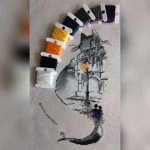 黒猫のシルエット 水彩クロスステッチパターン 猫好きへのギフト 初心者向けニードルポイントスキーム クロスステッチ PDF チャート