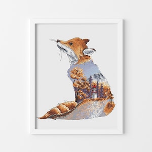 Fall forest cross stitch pattern Autumn landscape cross stitch chart Fox cross stitch Nature cross stitch Fall landscape cross stitch PDF