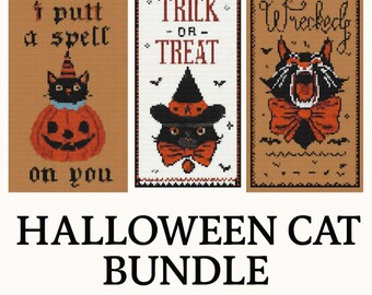 Halloween Cat Cross Stitch Pattern Bundle - Funny Black Cat PDF Patterns for Beginners - Spooky Witch Embroidery - Instant Download