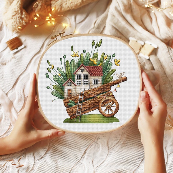 Country House Cross Stitch Pattern PDF Home Sweet Home Counted Cross Stitch Leaves Embroidery Pattern Spring Modern Cross Stitch