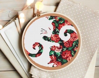 Modèle PDF de point de croix - Silhouette florale de chat avec des roses, point de croix de chats Yin Yang - Téléchargement immédiat