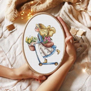 Baby on kick scooter Funny garden girl cross stitch pattern Hand embroidery design Girl cross stitch Flowers cross stitch Easy cross stitch