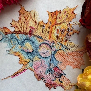 Kruissteekpatroon pdf – aquarel herfstblad stadsgezicht, brug, rivier en lantaarnpaal – modern herfstdecor, direct downloaden