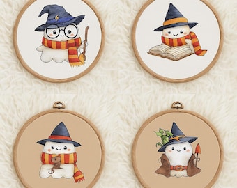 Cross Stitch Pattern Set – Wizard Ghosts (4 Designs), Cozy Witchy Halloween PDF, Cute Spooky Decor, Instant Download