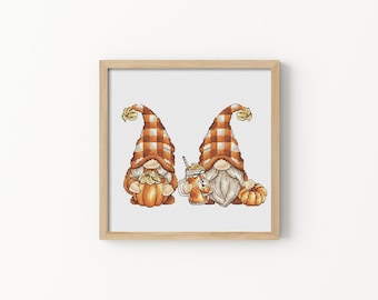 Cross Stitch Pattern PDF – Fall Gnomes with Pumpkins & Plaid Hats, Pumpkin Spice Autumn Decor