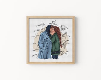 Lovers under war Wedding cross stitch pattern Valentines day cross stitch Hand embroidery design Kiss cross stitch Digital pdf file