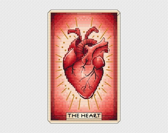 Red Heart - Cross Stitch Pattern - Tarot Card Cross Stitch , Heart , Major Arcana , Anatomical Heart , Counted , Modern , Valentines Day