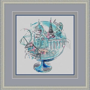 Colorful kids globe Watercolor cross stitch pattern Kids room modern cross stitch decor Hand embroidery design Digital pdf file