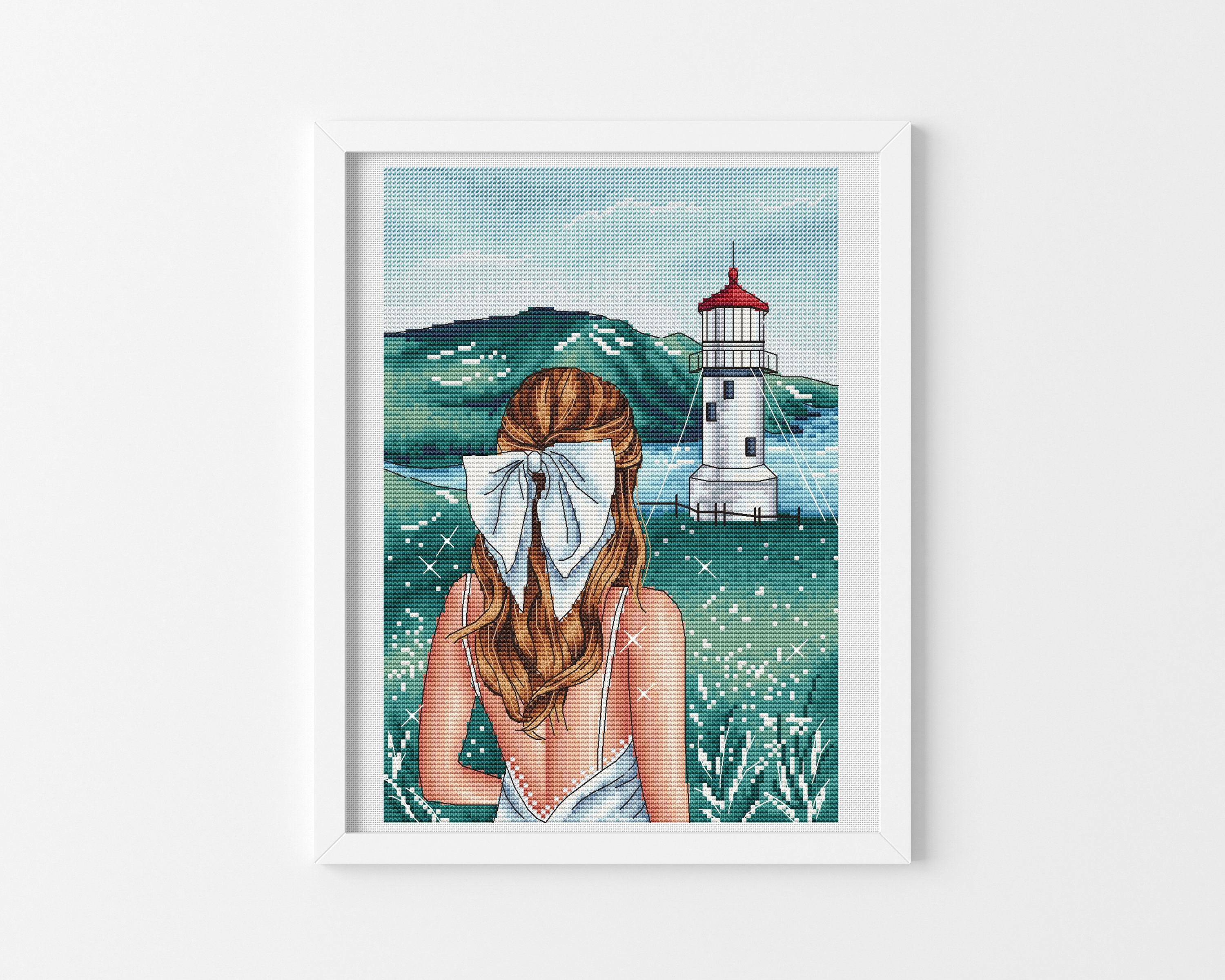 Coastal Lighthouse Cross Stitch Pattern PDF – Girl in Emerald Field Seascape, Nautical Embroidery Design, Instant Download