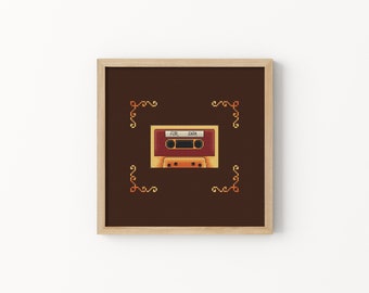 Cross Stitch Pattern PDF – Retro Mixtape Cassette with Ornamental Corners, 80s/90s Music Decor – Instant Download