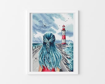 Girl with blue hair and lighthouse Watercolor cross stitch pattern Mothers day cross stitch gift Girl room decor Digital pdf file