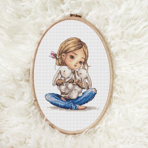 Cute Girl with Bunnies Cross Stitch Pattern PDF – Hand-Drawn Embroidery Design for Nursery, Baby Gift, Instant Download