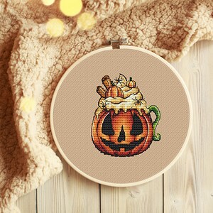 Pumpkin Coffee Cup Halloween Cross Stitch Pattern Spooky Cross Stitch ...