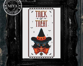 Trick or treat rules Halloween cross stitch pattern Black cat cross stitch Hand embroidery design Beginner needlepoint scheme Digital PDF