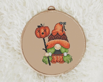 Trick or Treat Gnome Cross Stitch Pattern PDF | Halloween Pumpkin Staff | Spooky‑Cute Fall Decor | Instant Download